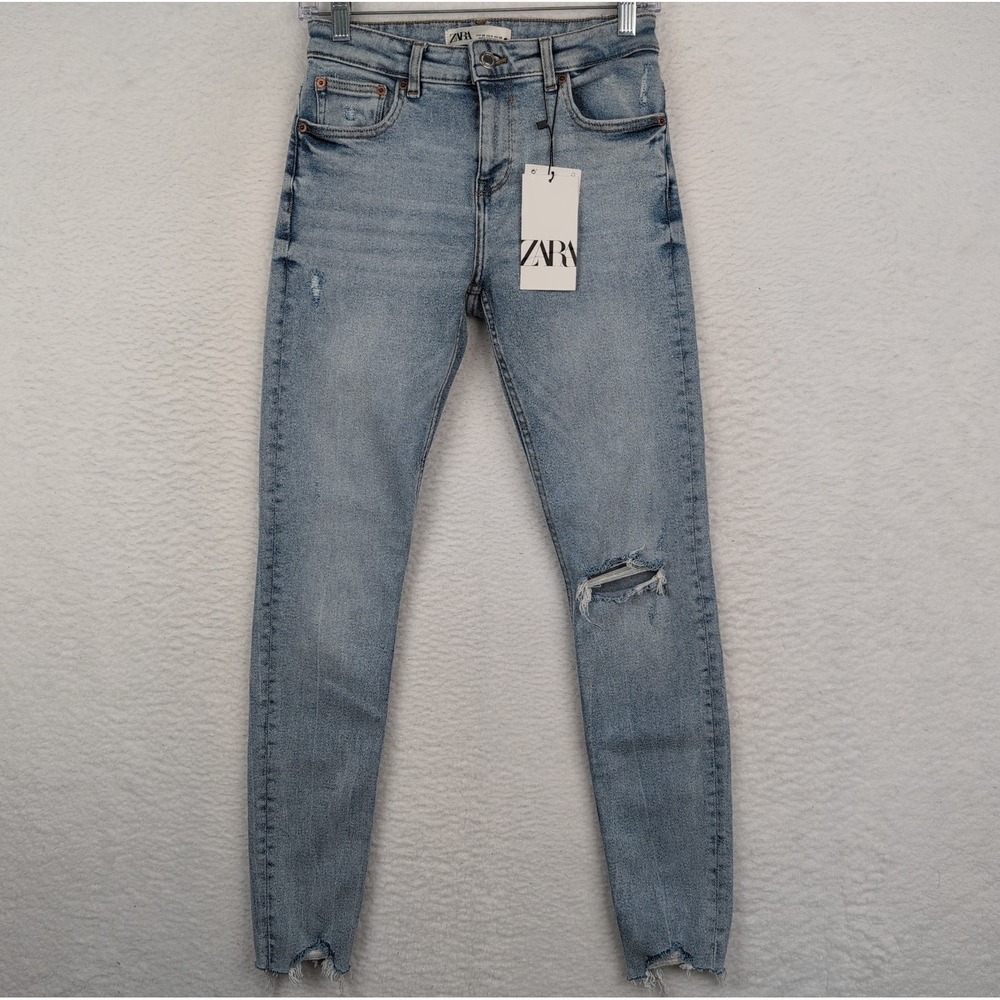 New ZARA Blue Skinny‎ Fit Mid Rise Jeans Distressed Size 4 Light Wash